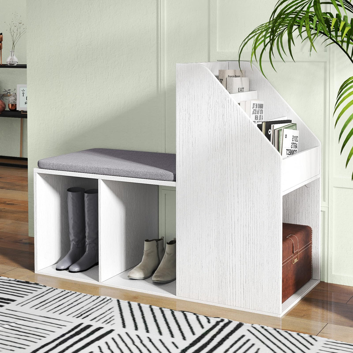 Goflame Shoe Storage Bench, Entryway Bench w/Side Holder & Padded Seat Cushion, 3 Storage Compartments