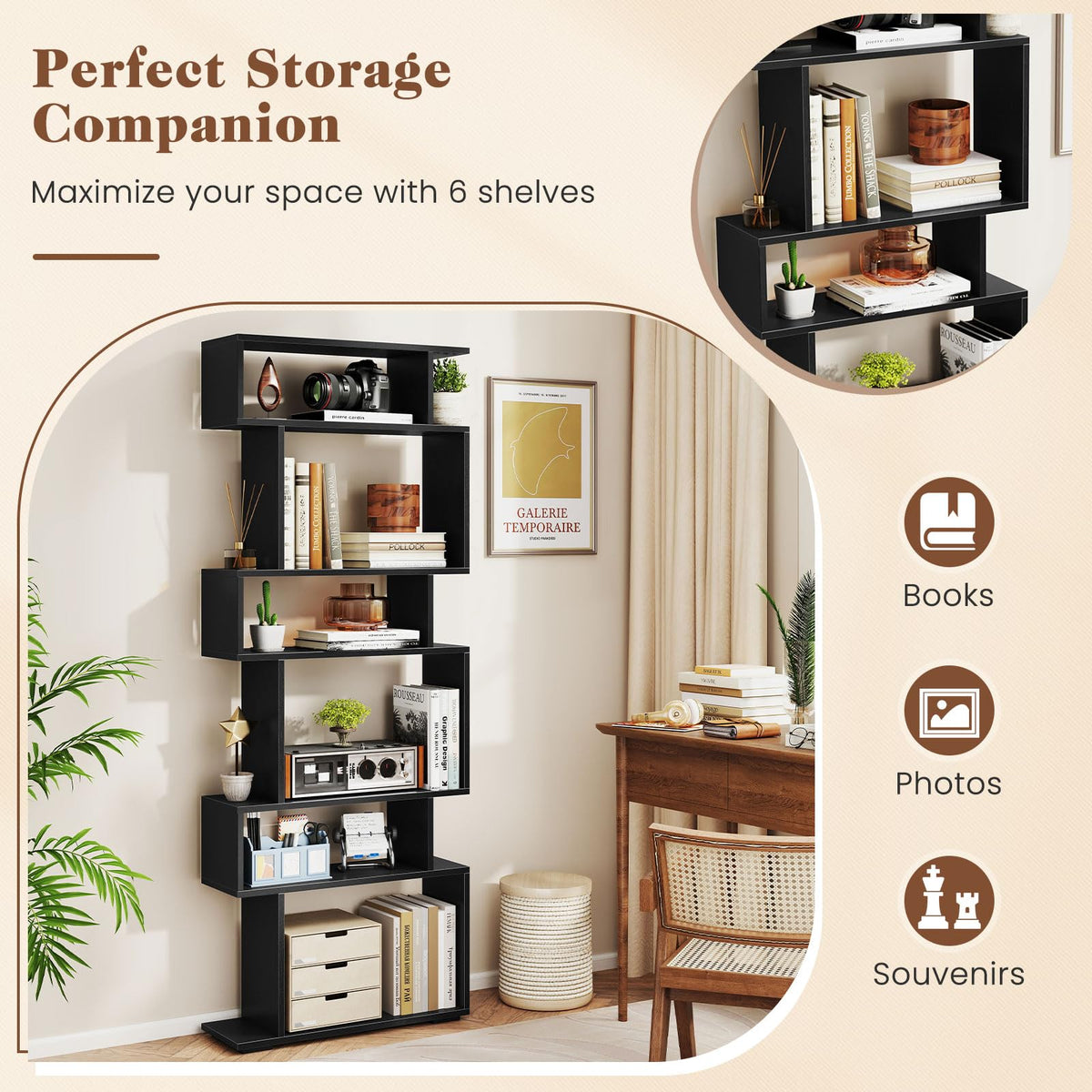 Goflame S Shaped Bookcase with 2 Anti Tipping Kits