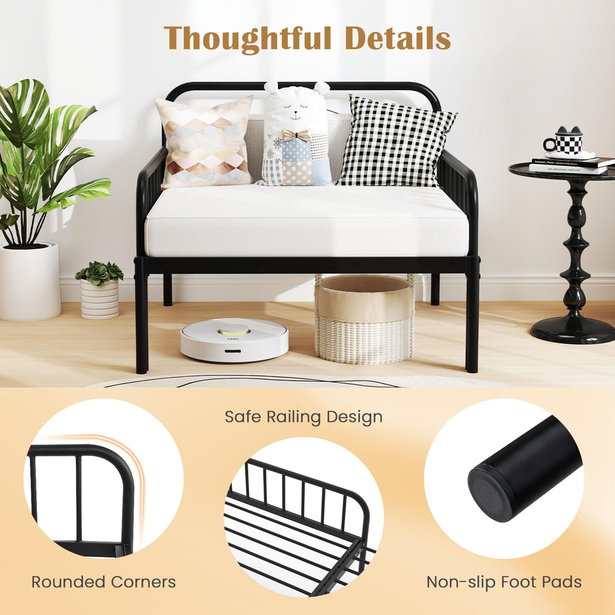 Goflame Metal Twin Bed Frame, Convertible Sofa Bed with Headboard & Armrests, Pull-Out Sleeper Chair Bed
