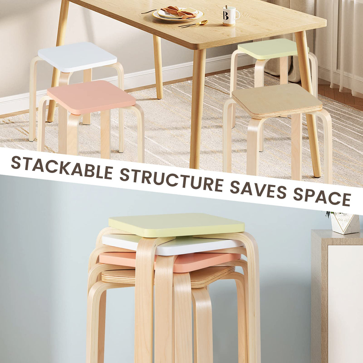 Stackable Wooden Stools Set of 4, Portable 18-Inch Height Backless School Stools