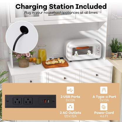 Goflame Pantry Cabinet, 77” Tall Buffet Cabinet with Hutch, LED Lights & Charging Station