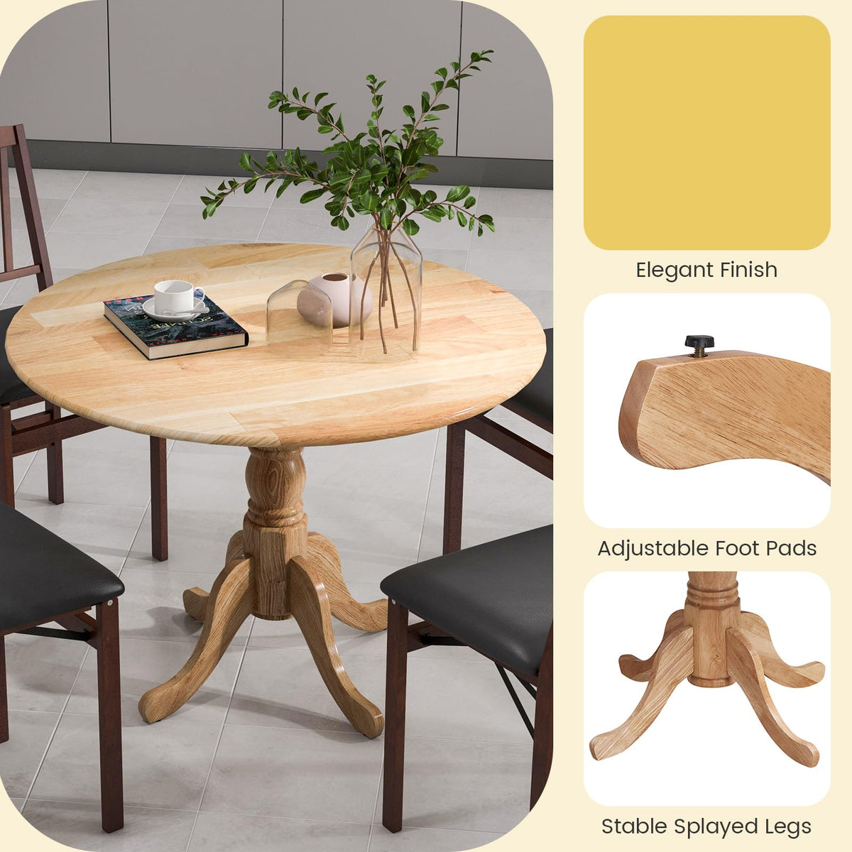 Goflame Wooden Dining Table, Dining Table with 40" D Round Tabletop & Curved Trestle Legs