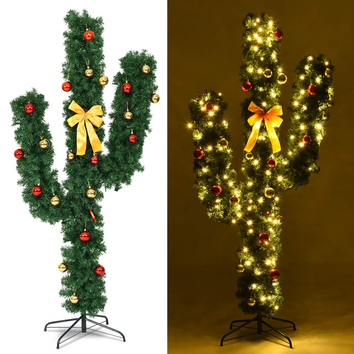 Goflame Pre-Lit Artificial Cactus Christmas Tree with LED Lights and Ball Ornaments - GoflameUS