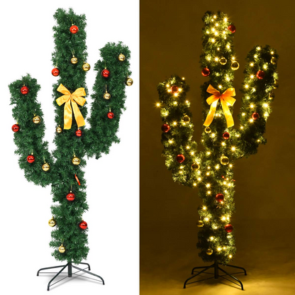 Goflame Pre-Lit Artificial Cactus Christmas Tree with LED Lights and Ball Ornaments - GoflameUS