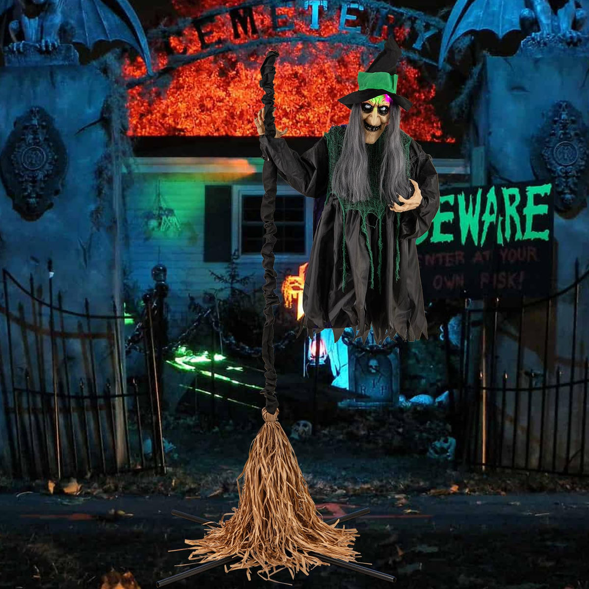 Goflame Witch with Broomstick Halloween Animatronic, Life Size Animated Halloween Prop with Laughing and Screaming Sound