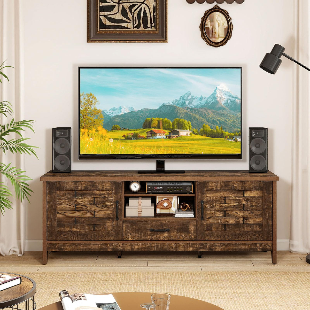Goflame Farmhouse TV Stand for 65 Inch TVs 59" Wood Entertainment Center with 2 Woven Accent Doors