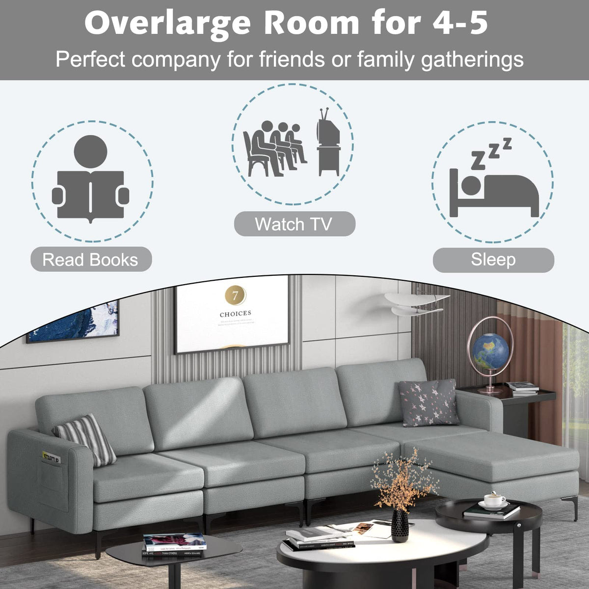 Goflame 4 Seat Convertible Sofa Couch, 123" L Sectional Sleeper with 2 or 1 USB Ports Socket