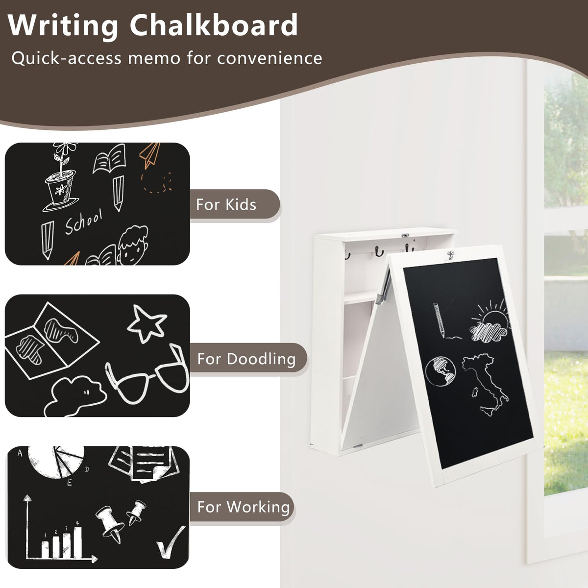 Goflame Foldable Wall Mounted Desk with Storage Shelves Hooks & Chalkboard