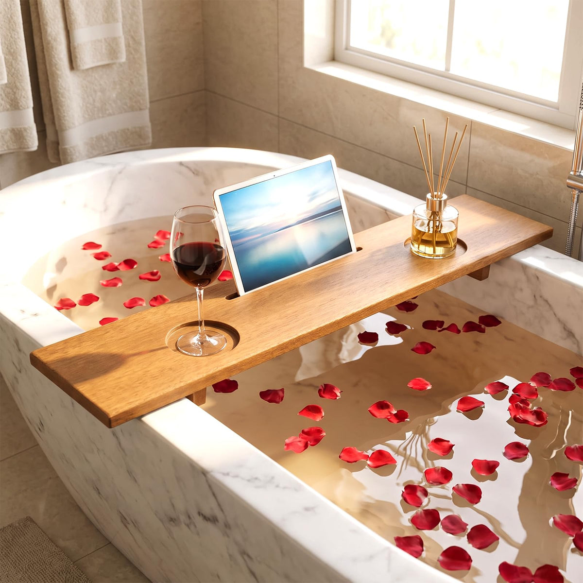 GOFLAME 35" Wood Bathtub Tray with Slots, Adjustable Width