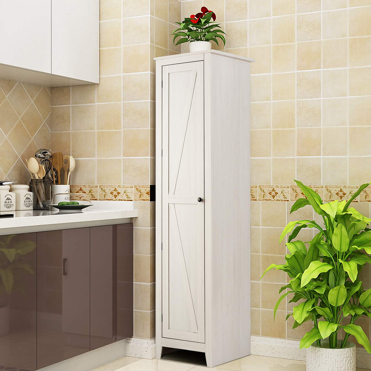 Goflame Tall Storage Cabinet Freestanding Floor Storage Tower with Four Shelves and Single Door