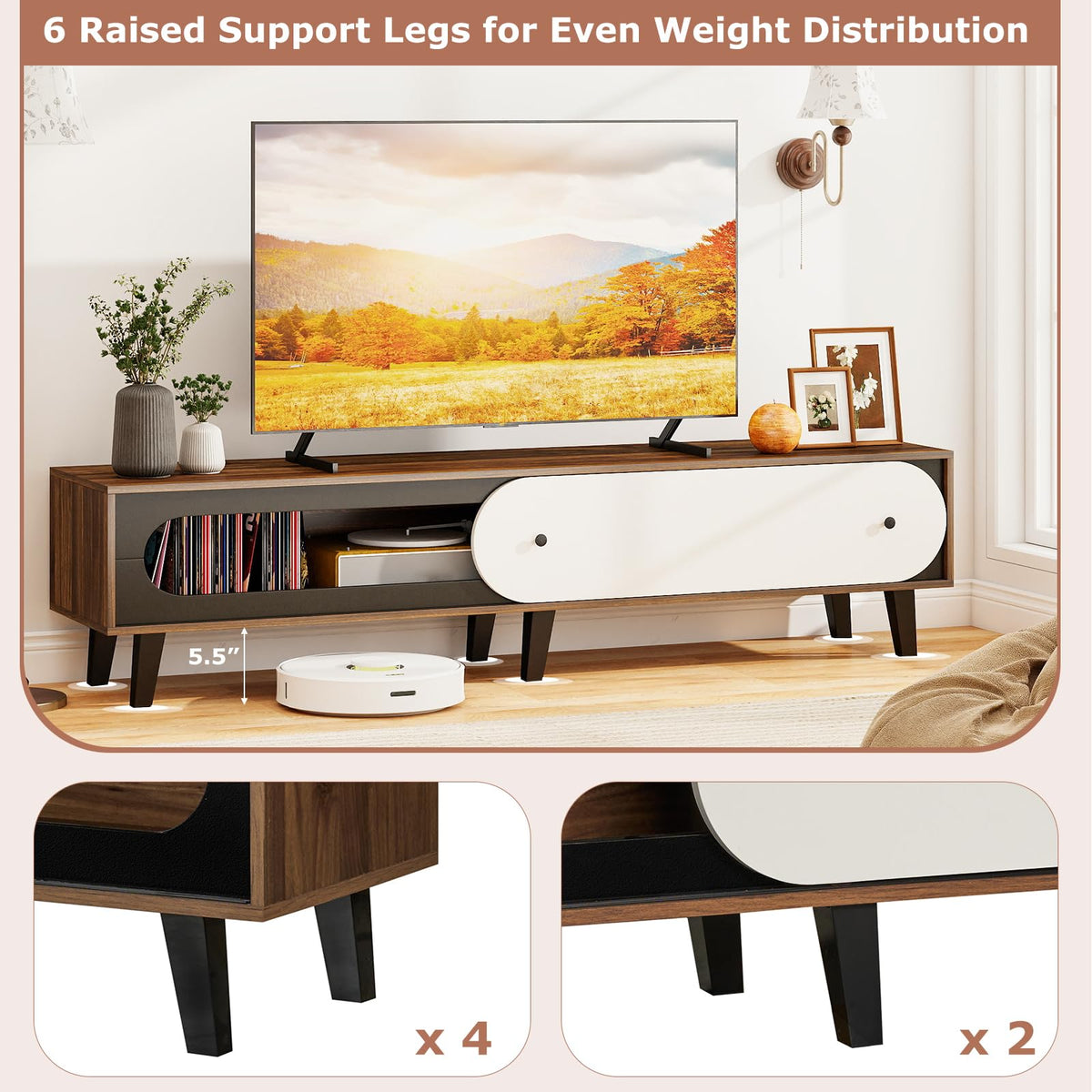 Goflame TV Stand for 80 Inch TVs Mid Century Modern Entertainment Center with Sliding Door Cabinet