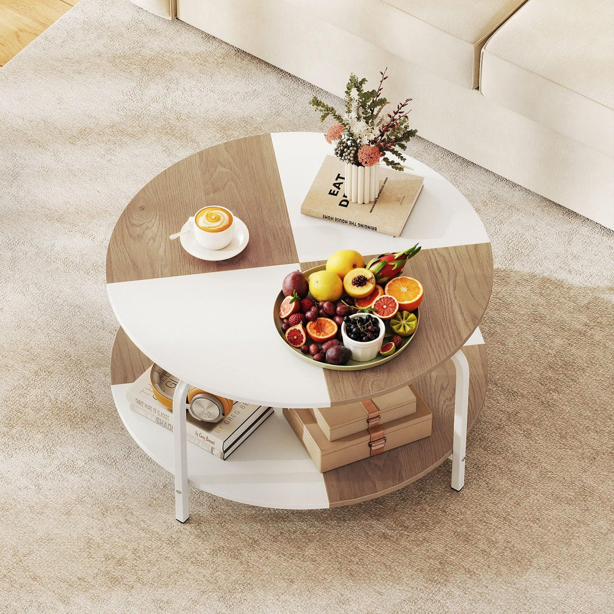 Goflame Round Coffee Table 2-Tier Center Table with Open Storage Shelf