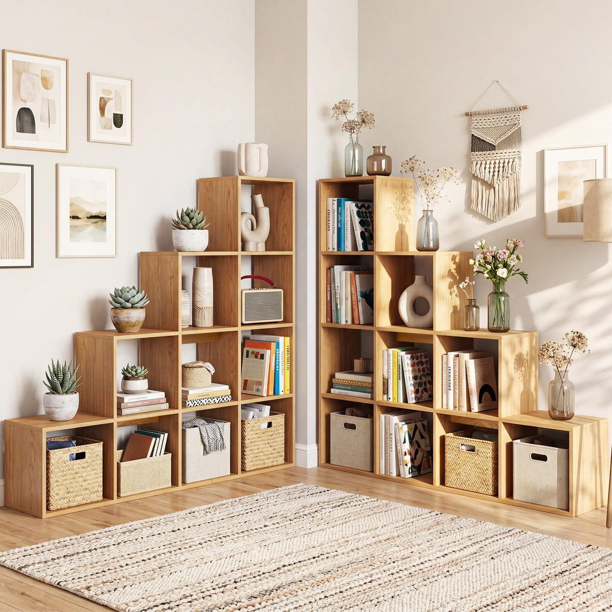Goflame 51" Wooden 10-Cube Stepped Bookcase for Living Room