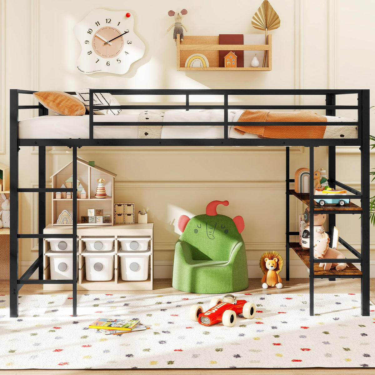 Goflame Low Loft Bed Twin Size Heavy Duty Metal Frame w/Storage Shelves
