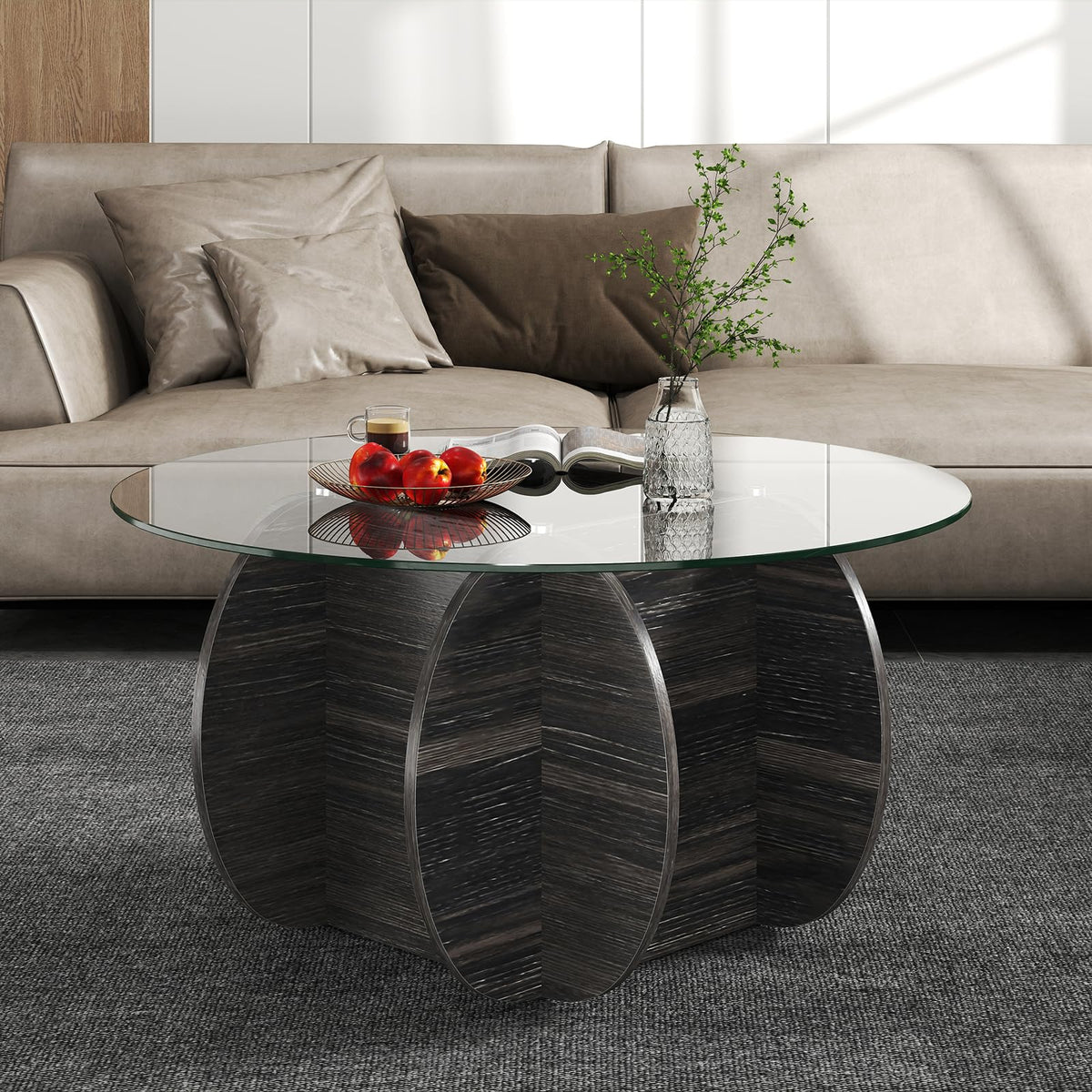 Goflame 35" Glass Round Coffee Table with Storage Tempered Glass Top & Solid Wood Base