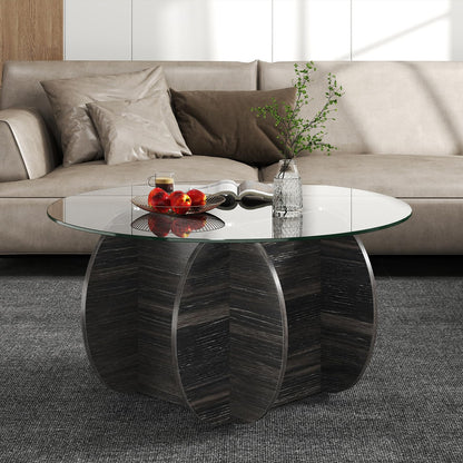 Goflame 35" Glass Round Coffee Table with Storage Tempered Glass Top & Solid Wood Base