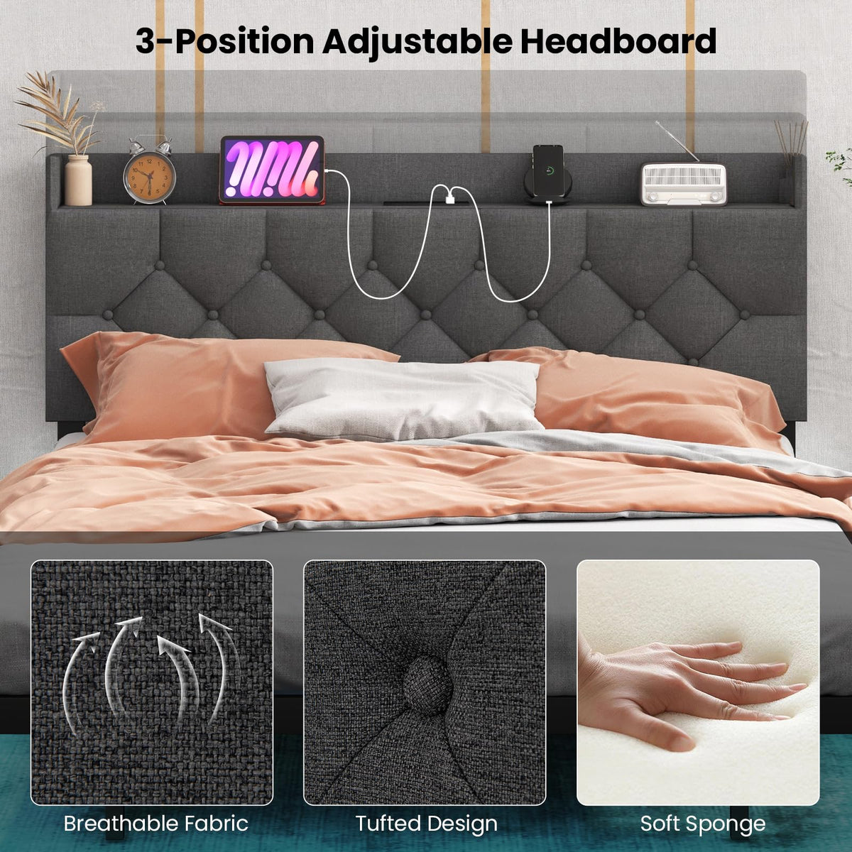 Goflame Queen/Full Size Floating Bed Frame with LED Lights, Modern Platform Bed with Adjustable Upholstered Headboard & Charging Station