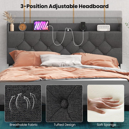 Goflame Queen/Full Size Floating Bed Frame with LED Lights, Modern Platform Bed with Adjustable Upholstered Headboard & Charging Station