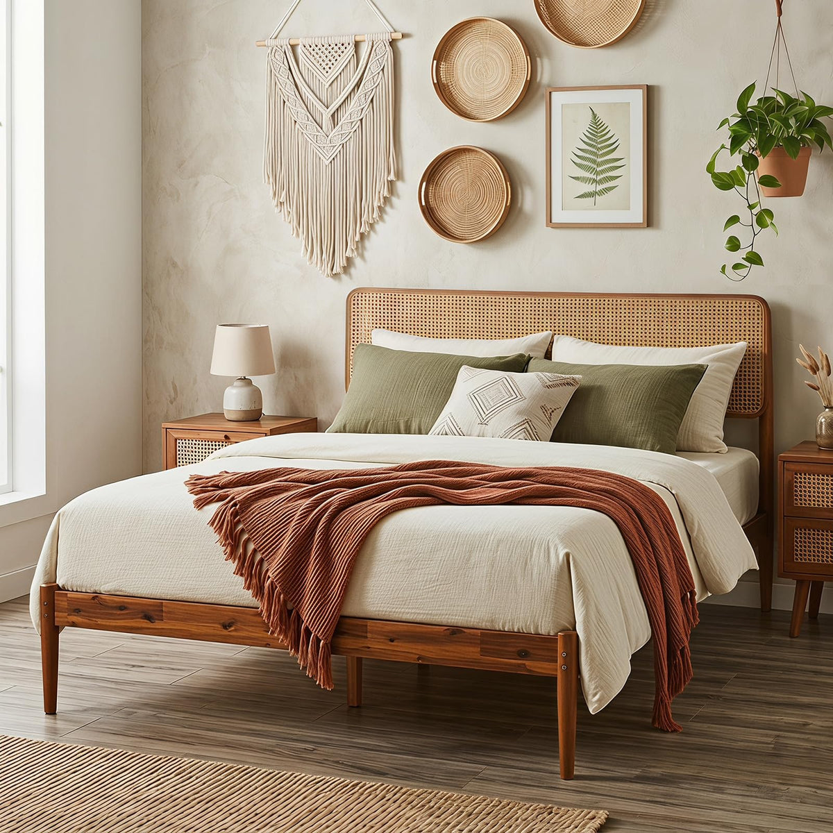 Goflame Wooden Bed Frame Full/Twin/Queen Size with Rattan Headboard