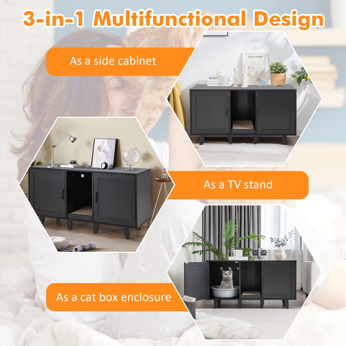 Goflame Cat Litter Box Enclosure - Cat Washroom Hidden Furniture with 2 Storage Cabinets