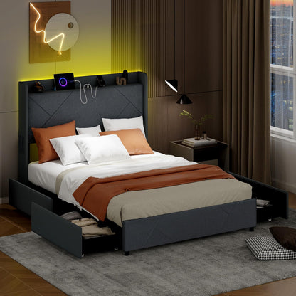 Goflame Full/Queen Size Bed Frame with 4 Storage Drawers & LED Lights, Headboard & Charging Station, Wooden Slats, Easy Assembly, Grey
