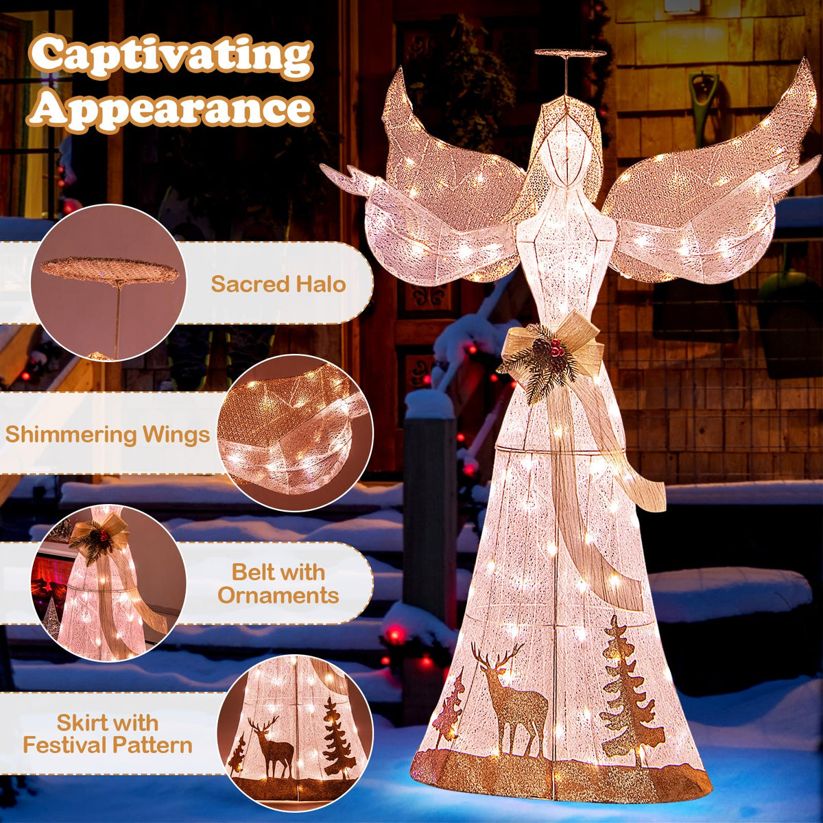 Goflame Pre-lit 3D Glittered Angel with 100 Warm White Lights Halo Bow Ground Stakes