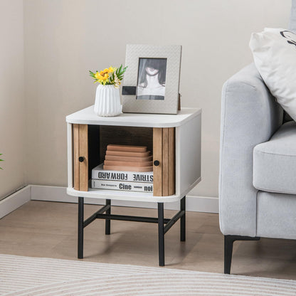 Goflame Mid-Century Modern Nightstand, Wood Bedside Table with Sliding Doors and 4 Metal Legs