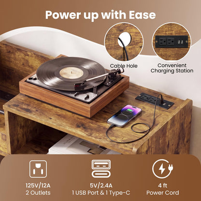Goflame Large Record Player Stand with LED Light& Sliding Door