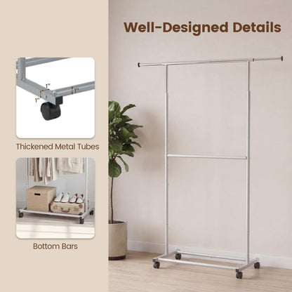 Goflame Extendable Double-Rod Rolling Clothing Rack for Hanging Clothes