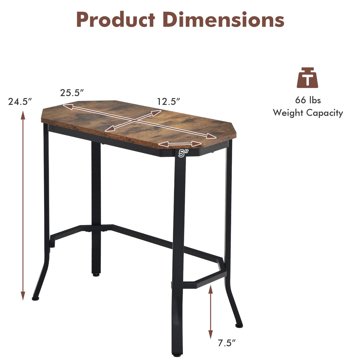Goflame Narrow End Table w/Rustic Wood Grain & Stable Steel Frame, 25.5"x12.5"x24.5" Rustic Brown