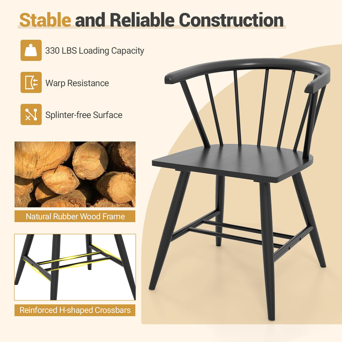 Goflame Windsor Dining Chairs Set of 2/4 Mid-Century Modern Black Kitchen Chairs w/Solid Rubber Wood Frame