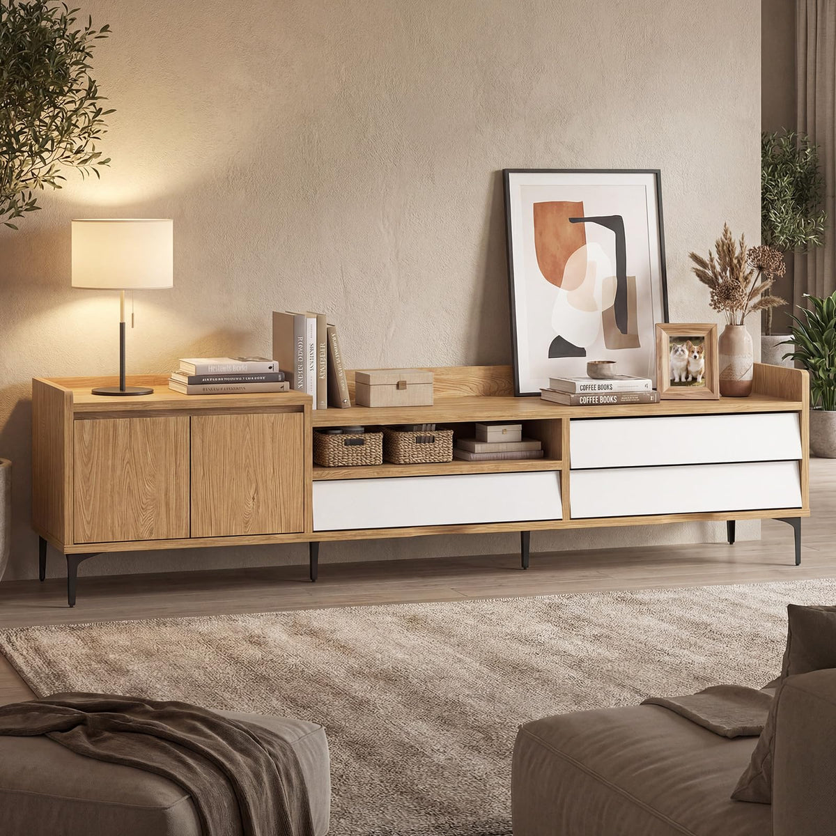 Goflame Modern TV Stand for 80" Television with Open Shelf