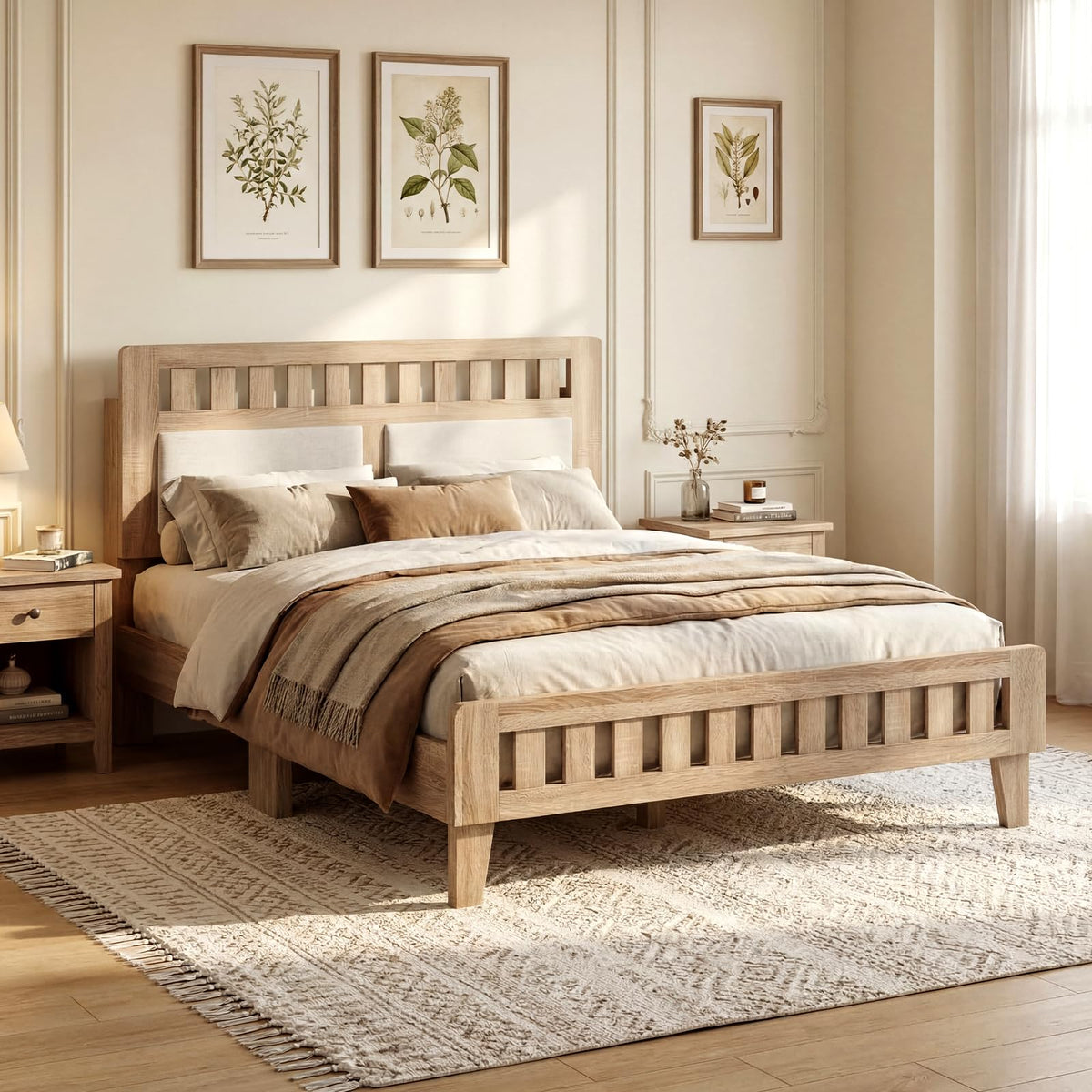 Goflame Mid-Century Wood Bed Frame with Upholstered Headboard (Full/Twin/Queen)