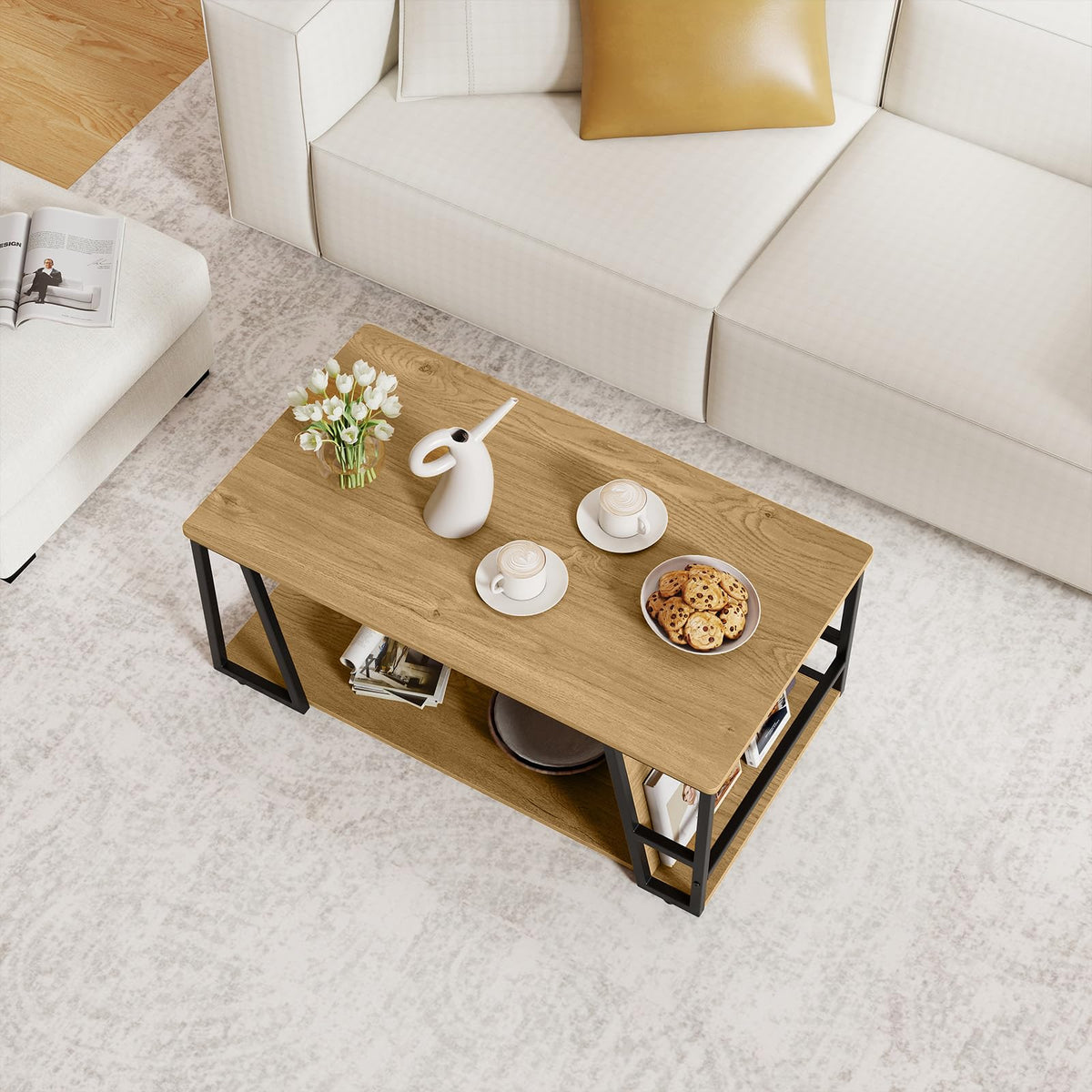 Goflame Rectangle Coffee Table 2-tier Industrial Accent Table with Storage Shelf and Compartment