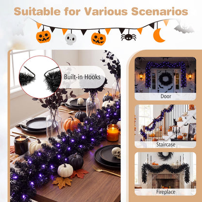 GOFLAME 9FT Pre-lit Black Halloween Garland with 50 Purple LED Lights