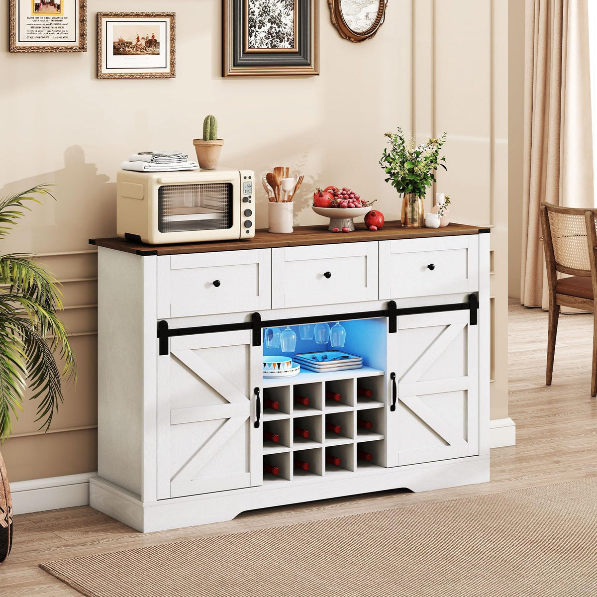 Goflame Wine Bar Cabinet with LED Lights 52" Buffet Sideboard w/Sliding Barn Door 3 Drawer