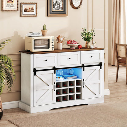 Goflame Wine Bar Cabinet with LED Lights 52" Buffet Sideboard w/Sliding Barn Door 3 Drawer