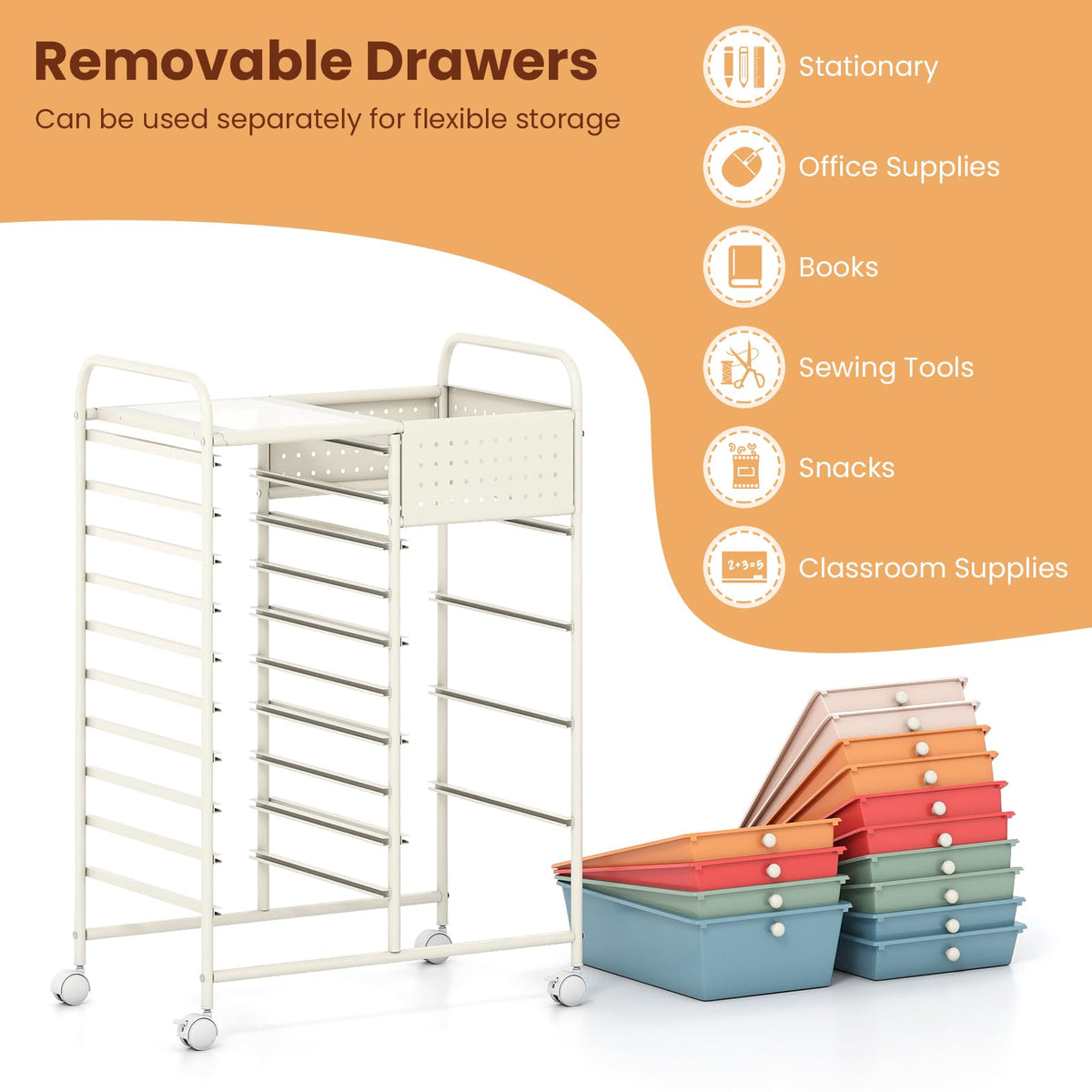 Goflame 14 Drawer Storage Cart | Rolling Craft Cart with Metal Tabletop & Pegboard