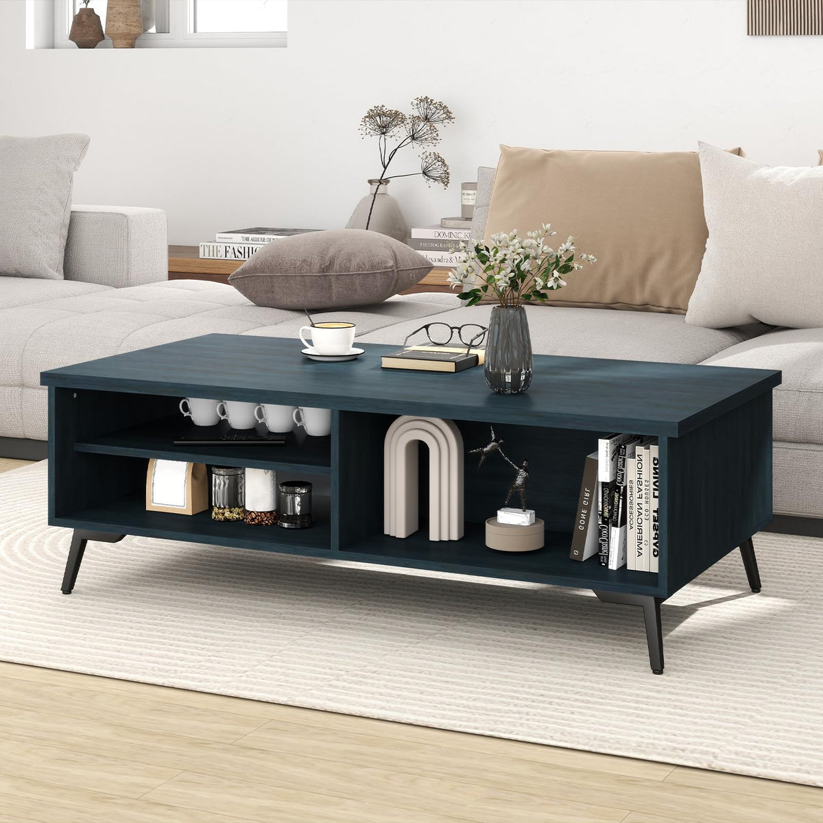 Goflame 2-Tier Mid Century Modern Coffee Table with Storage Shelves Compartments
