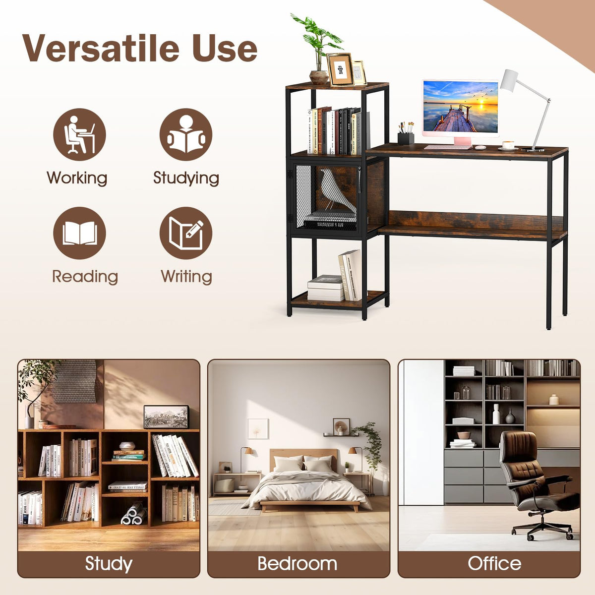 Goflame Modern Computer Workstation Home Office Desk with Storage Cabinet and Shelves