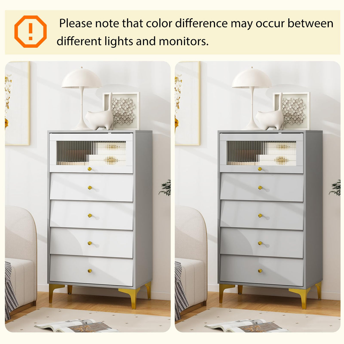 Goflame 4-Drawer Dresser with Flip Up Fluted Glass Door