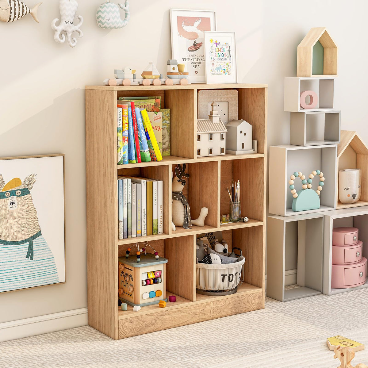 Goflame 7 Cube Bookcase 4-Tier Freestanding Bookshelf w/ 7 Open Compartments