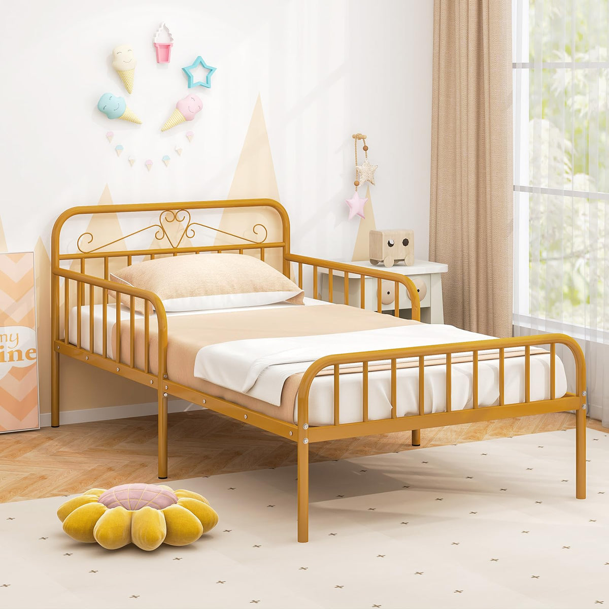 Goflame Metal Twin Bed Frames for Kids, Heavy Duty Metal Platform Bed Frame with Headboard & Safety Guardrails