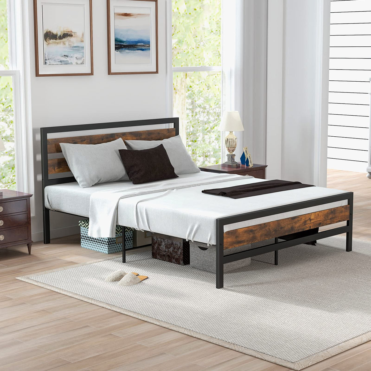 Goflame Queen Metal Platform Bed Frame with Wooden Headboard & Footboard, Rustic Brown