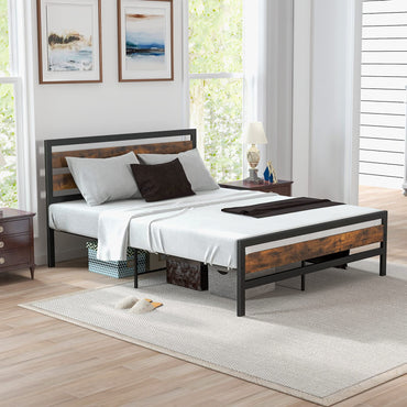 Goflame Queen Metal Platform Bed Frame with Wooden Headboard & Footboard, Rustic Brown