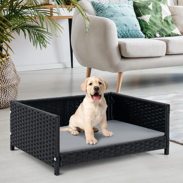 Goflame Wicker Dog Bed, Raised Woven Rattan Pet Bed Sofa Couch w/Waterproof & Washable Cushion