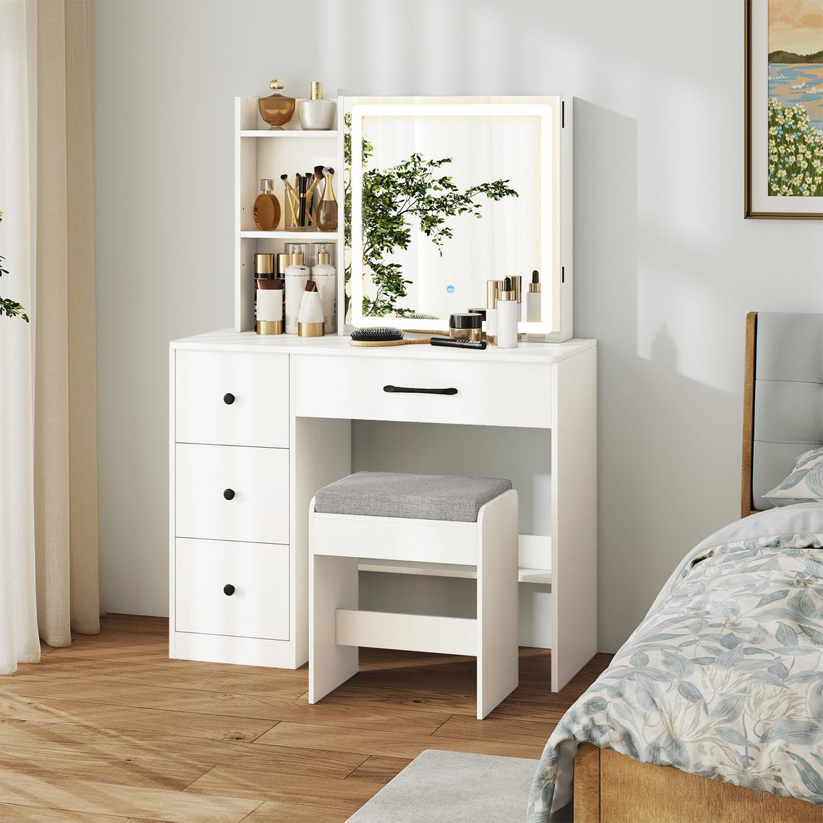 Makeup Vanity Desk with Sliding Mirror Cabinet, 38” Compact Vanity Table with Cushioned Stool
