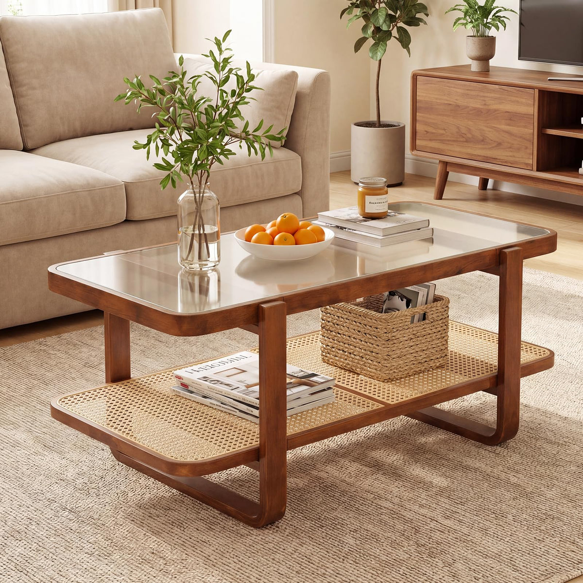 Goflame Rattan Coffee Table | 41.5" Farmhouse Center Table with Storage & Frosted Tempered Glass