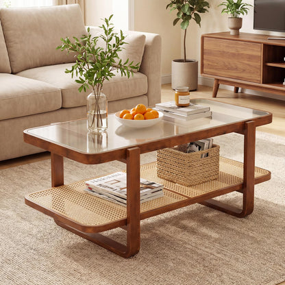 Goflame Rattan Coffee Table | 41.5" Farmhouse Center Table with Storage & Frosted Tempered Glass