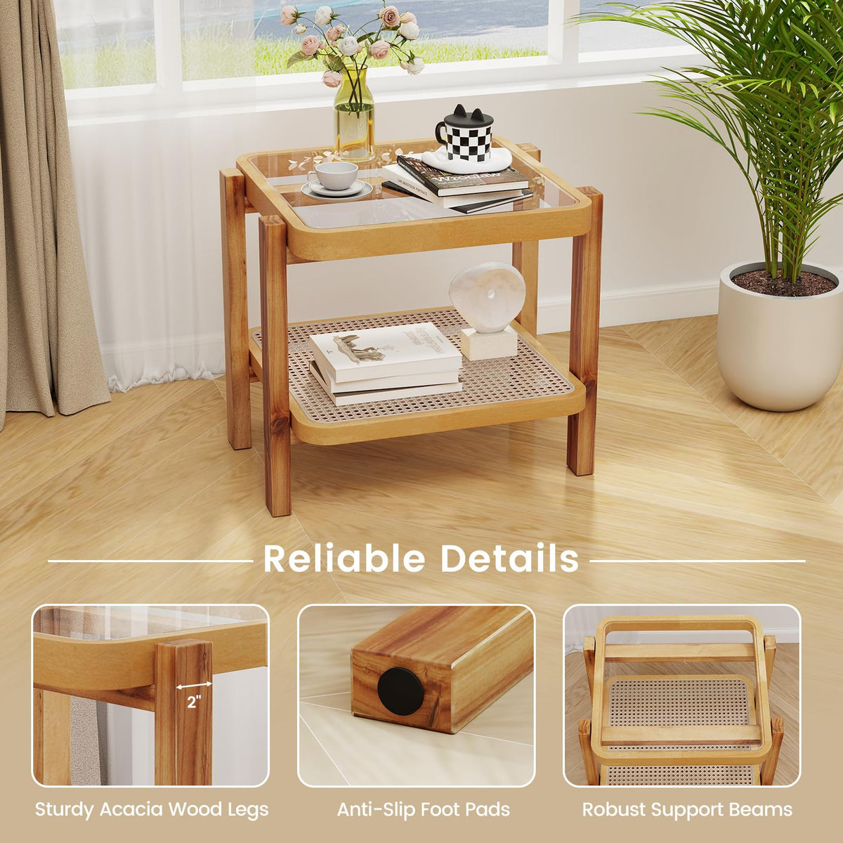 Goflame Rattan Side Table, Boho End Table for Living Room, Narrow Bedside Table with Tempered Glass Top